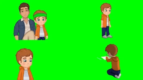 Smiling boy face portrait father hugging son sitting kids and pointer 2d Video stock 334703083