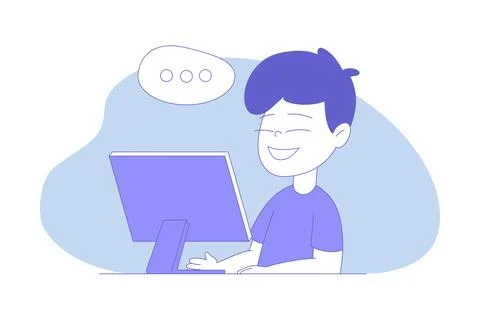 Smiling Boy First Grader Sitting at Desk in Front of Computer Having Online Stock Illustration