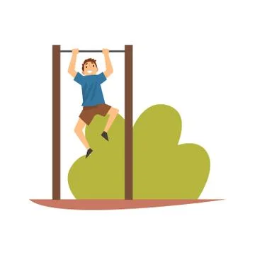Smiling Boy Hanging on Horizontal Bar in Park or on Playground Vector Ilustração Stock
