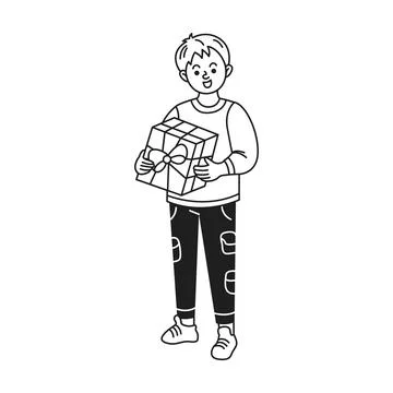 Smiling Boy Holding Gift Box in Line Art Style Stock Illustration