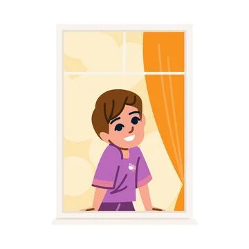 Smiling boy looking out the window, home quarantine concept Stock Illustration