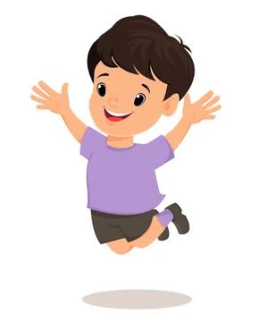 Smiling boy makes a jump. Pretty cartoon character. Vector illustration. Stock Illustration