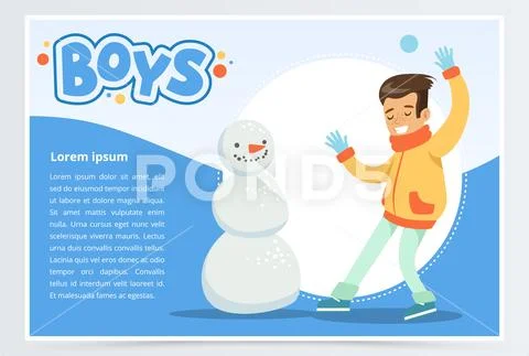 Smiling boy making a snowman, boys banner for advertising brochure, promotional Stock Illustration