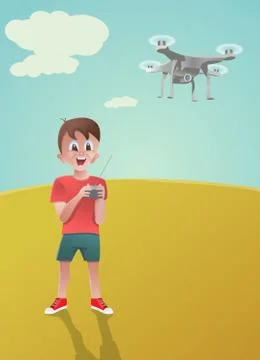 Smiling boy playing with a drone. Illustrazione stock