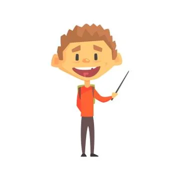Smiling Boy With Pointer, Primary School Kid, Elementary Class Member, Isolated Stock Illustration