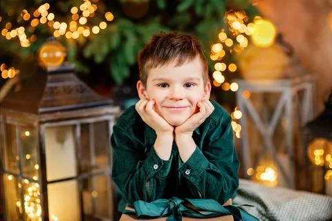 Smiling boy with present gift box sitting near stylish decorated Christmas tree. 스톡 사진