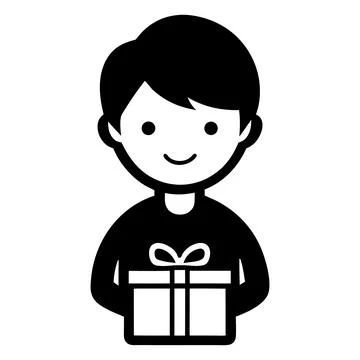 Smiling boy with present icon isolated on white Illustrazione stock