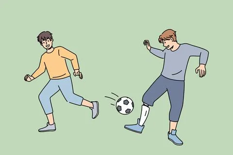 Smiling boy with prosthesis play football with friend Stock Illustration