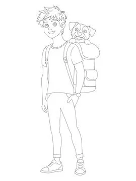 Smiling boy with a puppy in his backpack, Black and white line art 스톡 일러스트