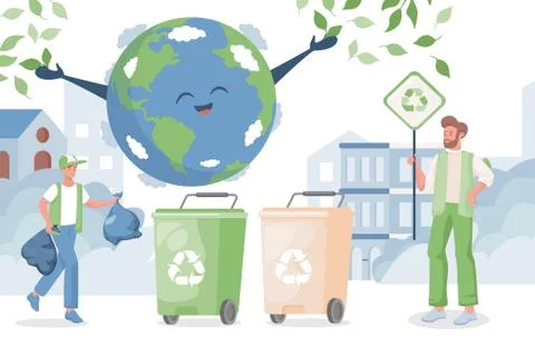 Smiling boy putting garbage in containers, man hold placards with recycle sign Stock Illustration