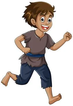 Smiling Boy in Ragged Clothes Running Forward Stock Illustration