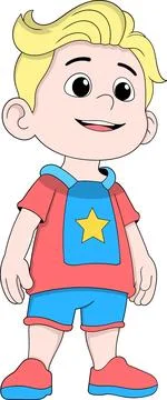 Smiling Boy in Red and Blue Outfit with Star Design Illustration Stock Illustration