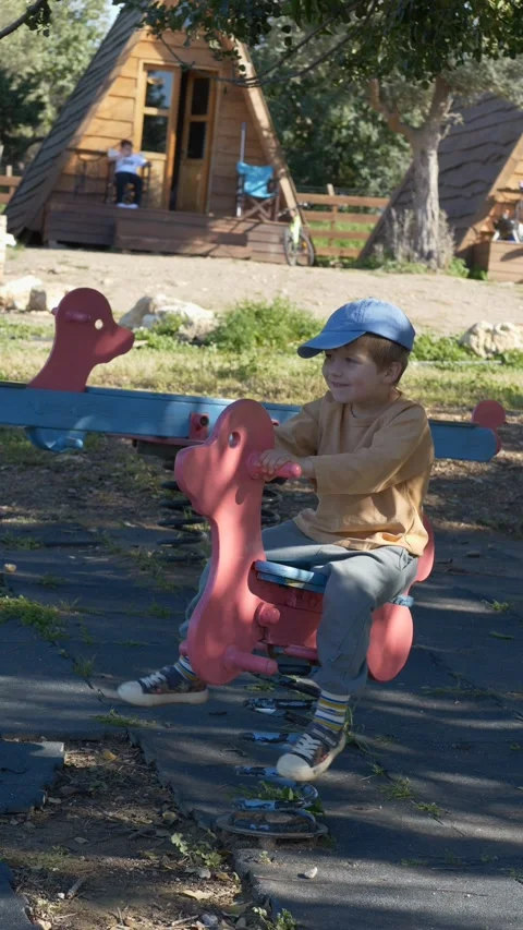 Smiling boy riding spring rider playground toy shaped like horse, moving back Video stock 332896521