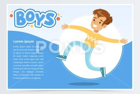 Smiling boy running, boys banner for advertising brochure, promotional leaflet Stock Illustration