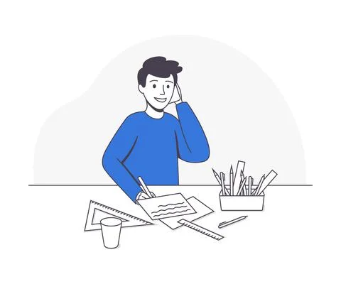 Smiling Boy School Pupil Doing Homework Sitting at Desk Writing on Sheet of Stock Illustration