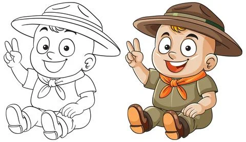 Smiling Boy Scout Sitting and Making Peace Sign Stock Illustration