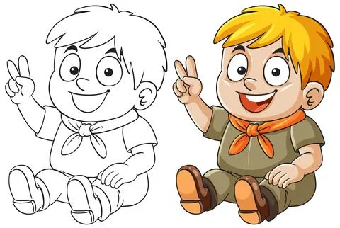 Smiling Boy Scout Sitting and Showing Peace Sign Stock Illustration