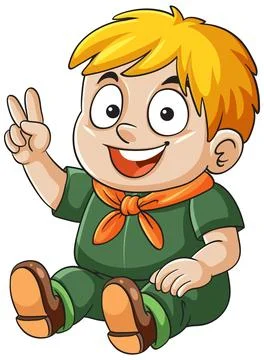 Smiling Boy Scout Sitting and Making Peace Sign Stock Illustration
