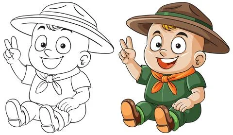 Smiling Boy Scout Sitting and Making Peace Sign Stock Illustration