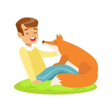Smiling boy sitting on green grass and petting red fox. Colorful cartoon Illustrazione stock