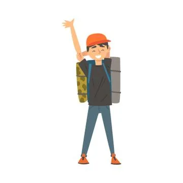 Smiling Boy Standing with Backpack, Kid Travelling on Vacation Vector Stock Illustration