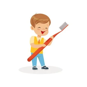 Smiling boy standing with big toothbrush, cute cartoon character vector Stock Illustration