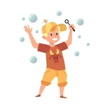 Smiling boy standing blowing soap bubbles, flat vector illustration isolated. 스톡 일러스트