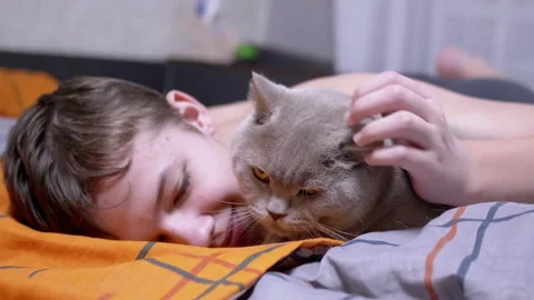 Smiling Boy Stroking and Hugging a Fluffy Cat while Lying on Bed in the Bedroom Vídeos de archivo 195011335
