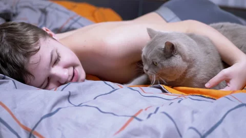 Smiling Boy Stroking and Hugging a Fluffy Cat while Lying on Bed in the Bedroom Vídeos de archivo 195012781