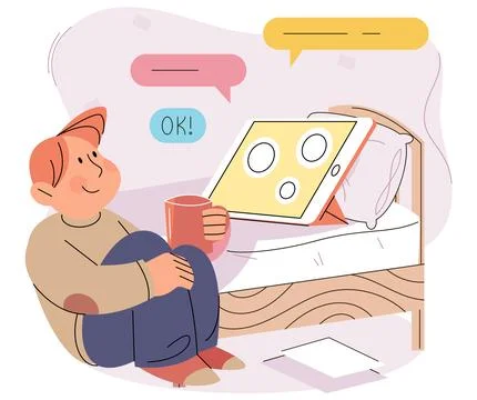 Smiling boy with tablet Pc watching movies or studying online. Child using Stock Illustration