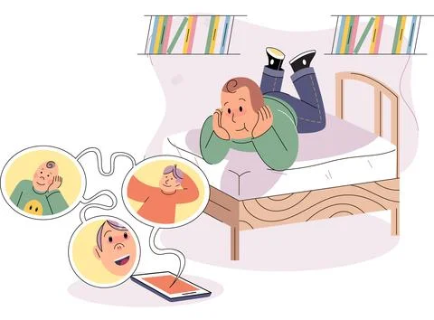 Smiling boy with tablet Pc watching movies or studying online. Child using Stock Illustration