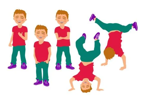 Smiling boy takes different poses. Color vector flat illustration Stock Illustration