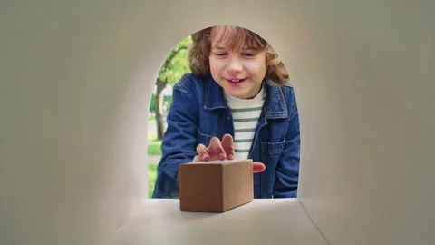 Smiling Boy Taking Small Parcel Out of Mailbox in Park Video stock 316086633