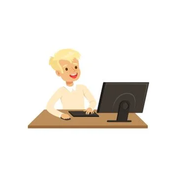 Smiling boy using computer, informatics lesson at school vector Illustration on Stock Illustration