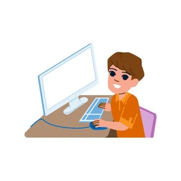 Smiling boy using computer for online education and entertainment Stock Illustration