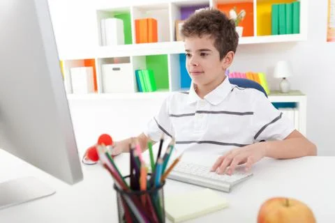 Smiling boy using computer Stock Photos