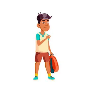 Smiling boy walking to school with backpack cartoon vector Illustrazione stock
