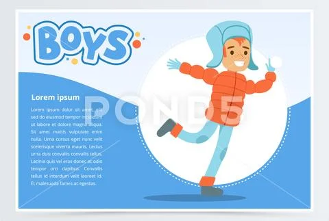 Smiling boy in winter clothes, boys banner for advertising brochure, promotional Stock Illustration