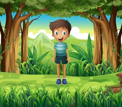 A smiling boy in the woods Stock Illustration
