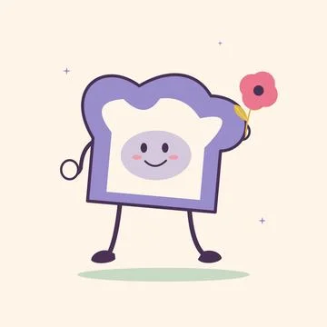 Smiling bread loaf character with a flower. Original cheerful food character  스톡 일러스트