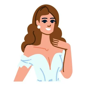 Smiling bride wearing elegant white dress and pearl earrings Stock Illustration