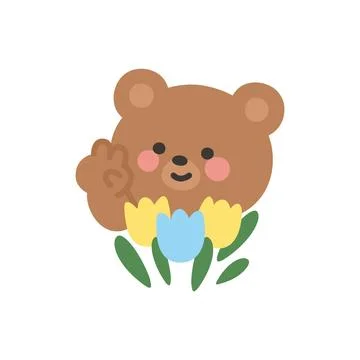 Smiling Brown Bear Making V Sign Pose Beside Blue and Yellow Tulip Flowers Stock Illustration