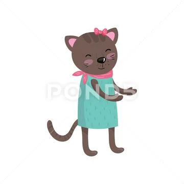 Smiling brown cat wearing dress, pink handkerchief on neck and bow on head Stock Illustration