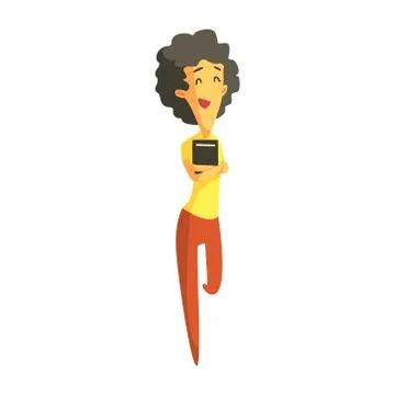 Smiling brunette girl standing and holding a book in her hands. Colorful cartoon Stock Illustration