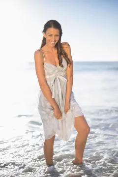 Smiling brunette posing on the beach Stock Photos