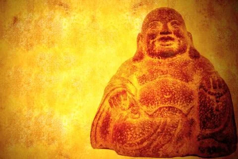 Smiling buddha sitting parchment background Stock Illustration