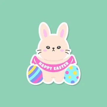 Smiling Bunny with Easter Banner and Colorful Eggs on Teal Background Stock Illustration