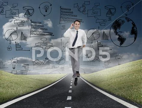 Smiling business man running on a road Stock Photos