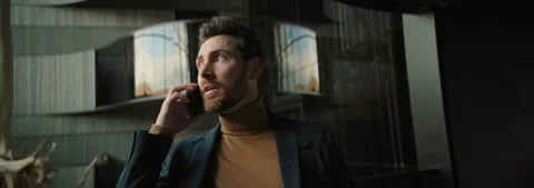 Smiling business man talking on phone feel happy indoors in business centre. On Stock Footage 252139445