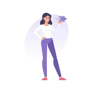 Smiling business woman posing with stack of paper folders document for work.. Stock Illustration